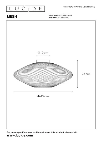 Lucide MESH - Plafonnier - Ø 45 cm - 1xE27 - Or Mat / Laiton - TECHNISCH